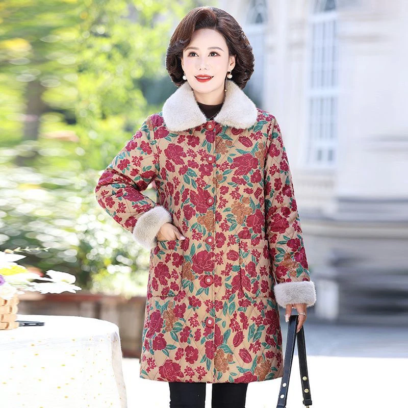 金龄妈妈秋冬装国风加绒加厚中长款棉衣中老年女宽松盘扣外套