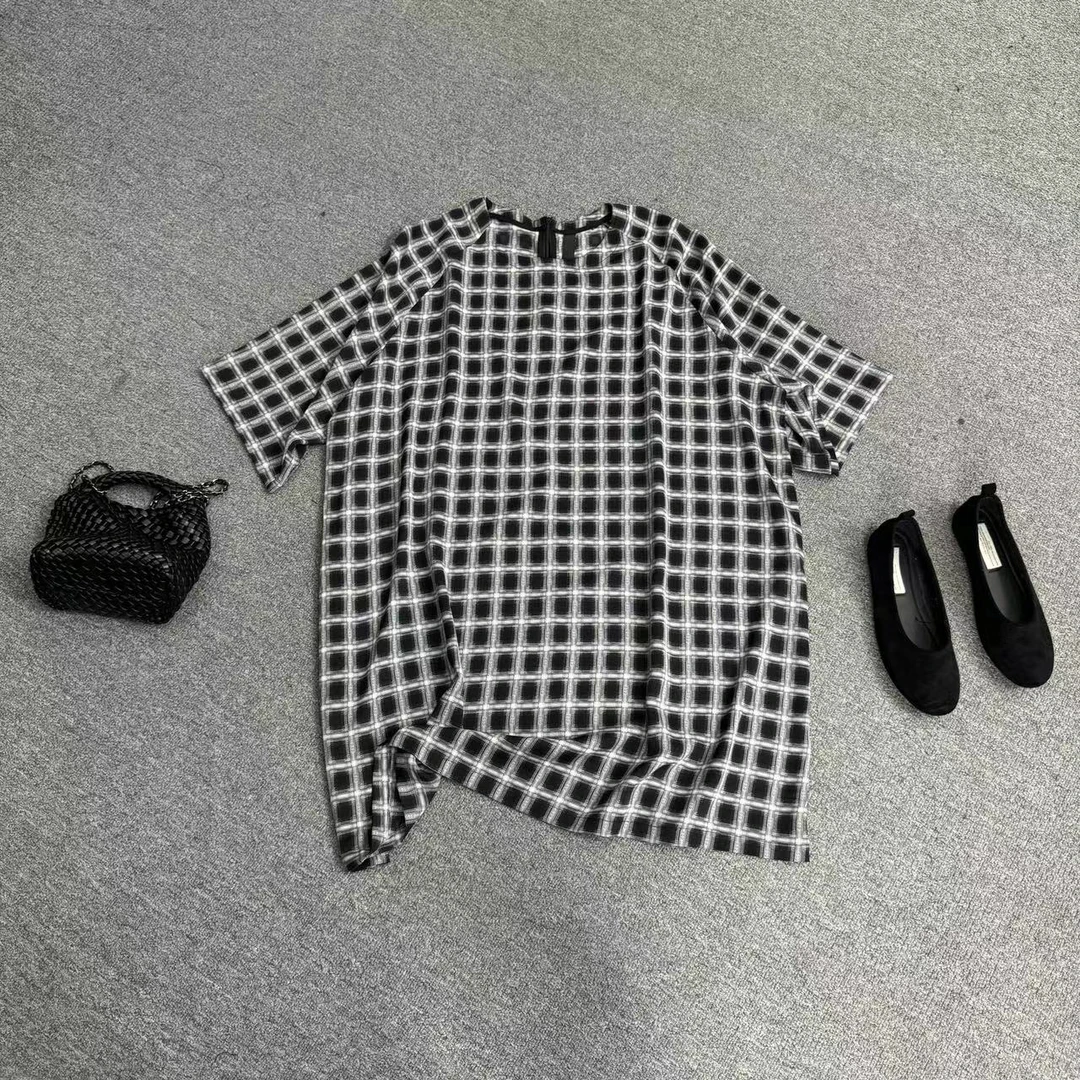 瑶睿安240斤 夏款中袖上衣圆领时尚宽松格纹短袖遮肉显瘦 830