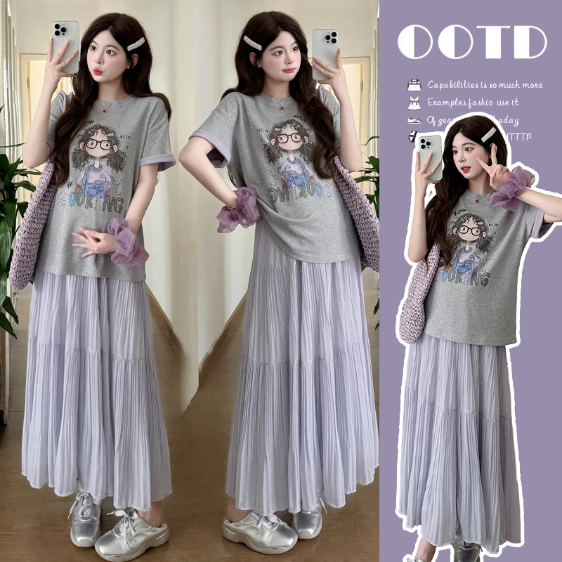 学院风印花短袖t恤套装裙女夏季2025新款孕妇装休闲半身裙两件套
