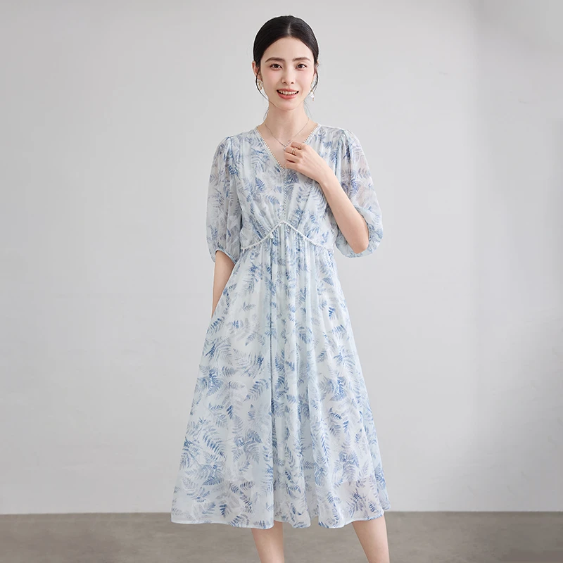 夏装新品中长裙高腰印花连衣裙蓝色夏装收腰显瘦碎花60219