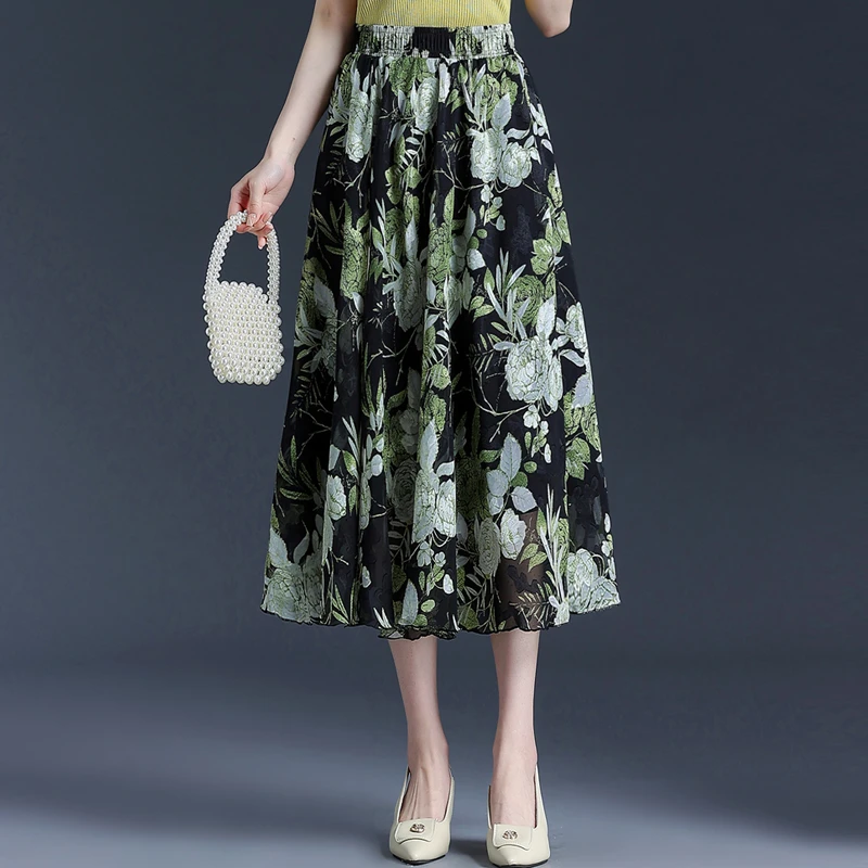 夏季印花色田园风夏季薄款显瘦半身裙女长款高端a字裙垂坠百搭裙