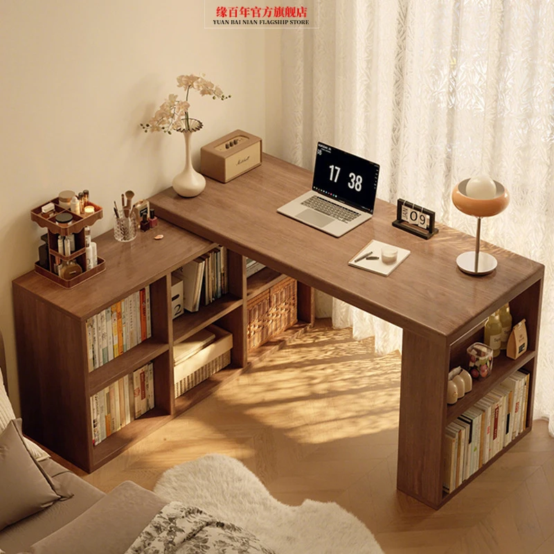 实木转角书桌书柜一体桌子卧室家用学生梳妆台l型拐角电脑桌办公