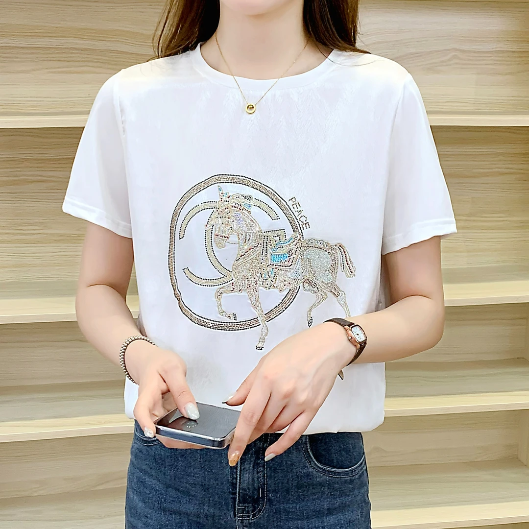 1277烫钻夏季印花缎面圆领百搭时尚设计休闲女T恤洋气拼接短袖