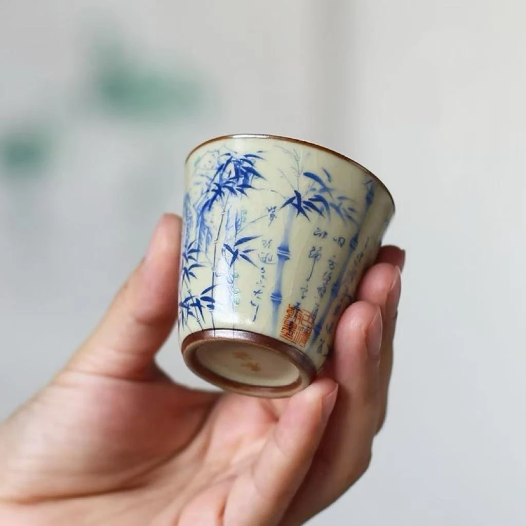 汝窑复古竹子闻香主人杯中式陶瓷茶盏品茗杯大号陶瓷纯手工闻香杯