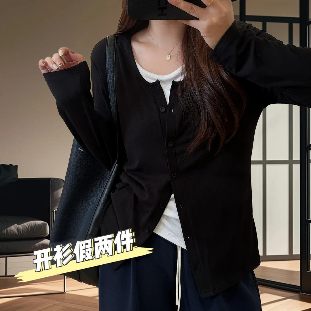 大码200斤遮肉显瘦撞色排扣正肩开衫假两件设计感长袖t恤女上衣潮