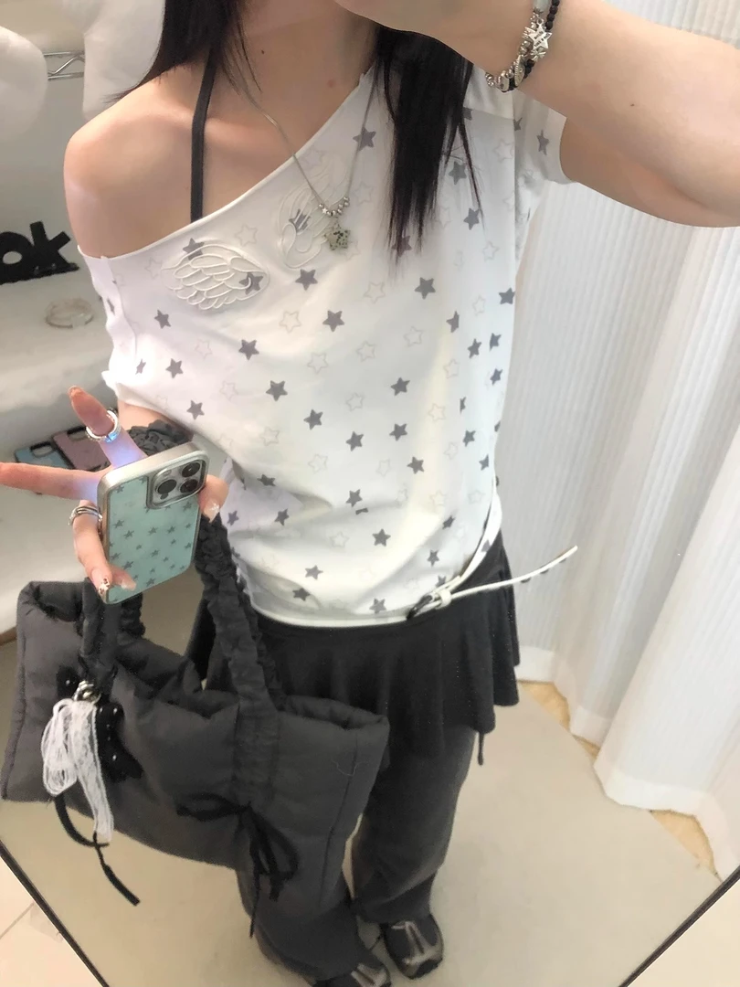 星星满印一字肩短袖翅膀刺绣碎花t恤夏季设计感小众宽松甜辣上衣
