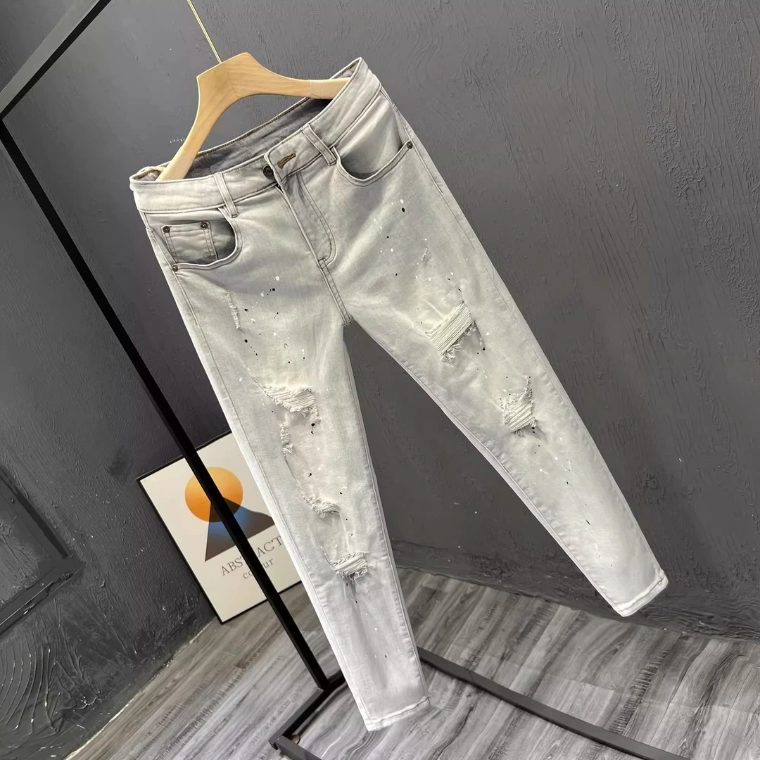 春夏季破洞乞丐牛仔裤男士弹力修身小脚长裤子时尚泼墨牛仔裤潮男