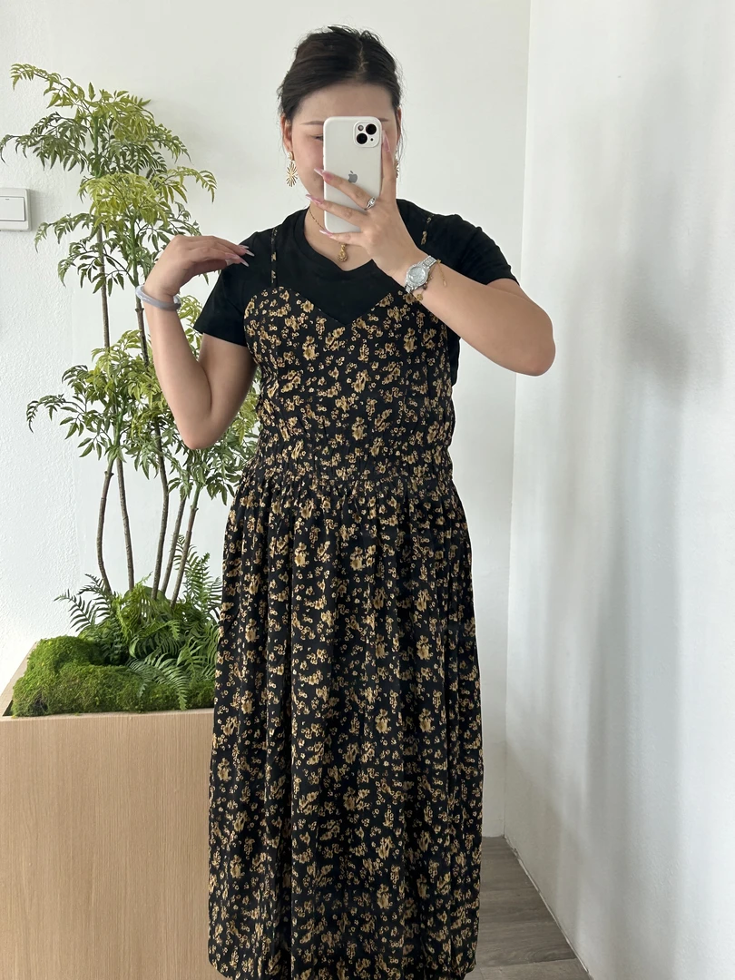 宽松腰圆领高腰中腰碎花连衣裙裙子气质肯豆风荡领W8061