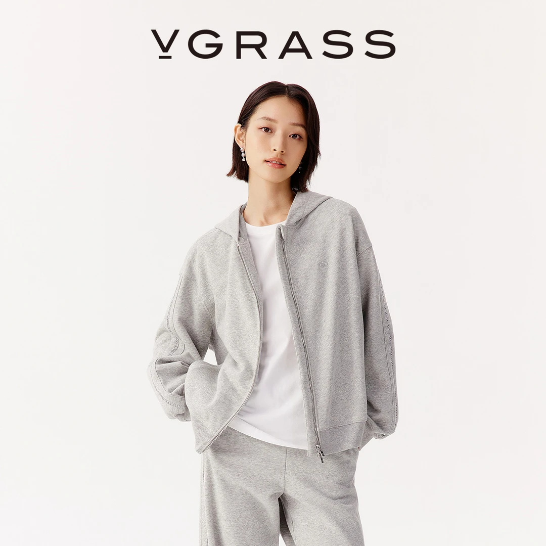 VGRASS25早秋新款“呼吸感”精梳双面绒温润柔软小绣花连帽卫衣