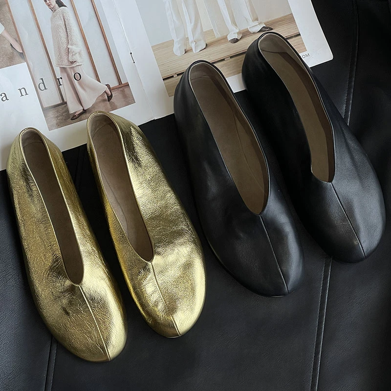 “人鱼”极简风牛皮奶奶鞋新款金色芭蕾舞单鞋女明星同款百搭鞋子