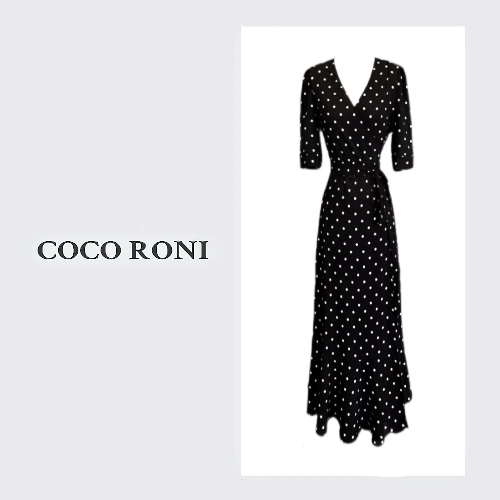 【玫瑰心吻】新款法式气质经典黑底白荷叶下摆波点裹身连衣裙