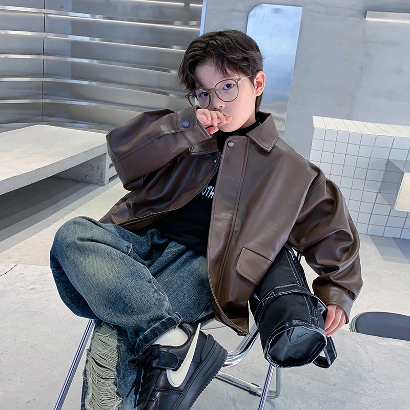 【现货现发】复古皮衣外套2024新款中大儿童男孩春秋加厚K234WT3646