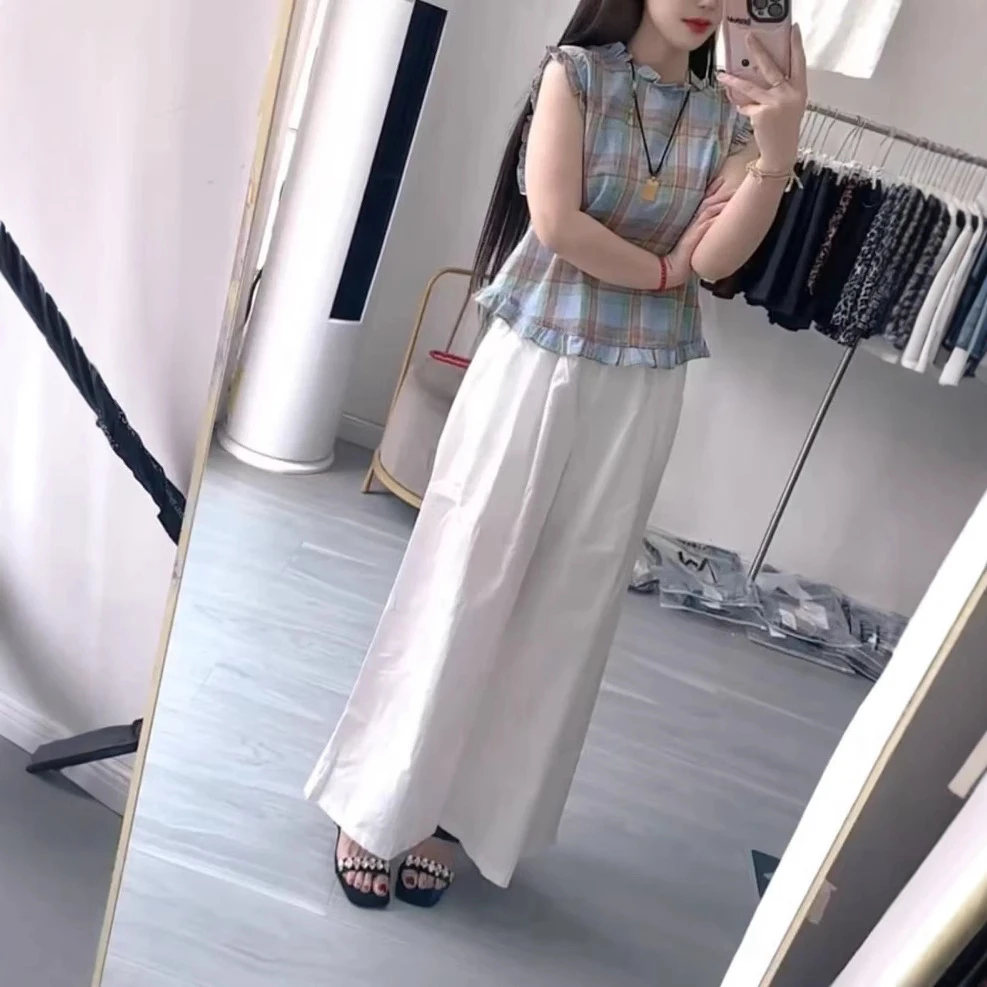 夏季新款时尚绝美减龄无袖格子上衣宽松显瘦垂感长裤女装两件套