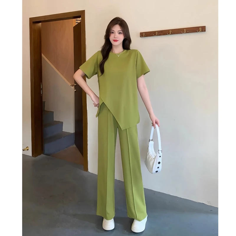 新款夏季时尚宽松短袖不规则上衣搭配休闲裤两件套军绿黑色潮睡衣