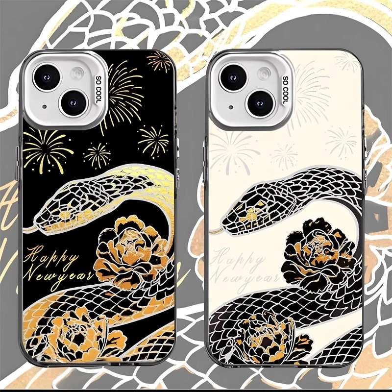 黑金牡丹花蛇适用苹果16手机壳新款华为小众vivo高级小米潮流oppo