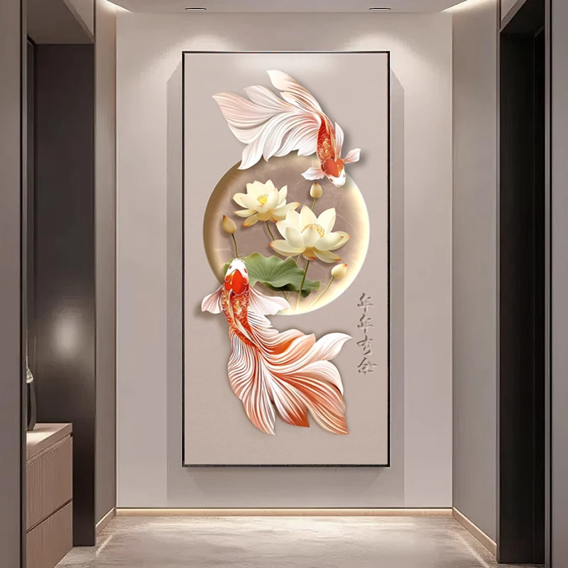 荷花锦鲤入户正对门玄关装饰画不带灯高端走廊过道挂画奶油风壁画