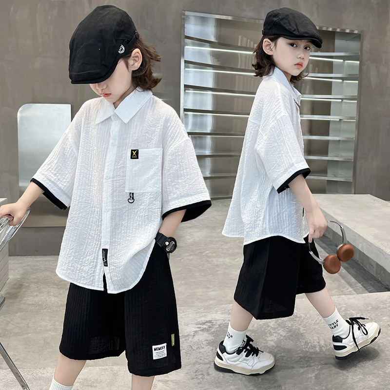 男童夏装套装新款13岁儿童夏季薄款短袖衬衣中大童衬衫休闲男孩潮