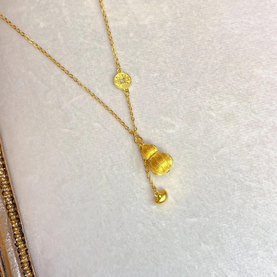 足金999.9拉丝南瓜纹葫芦流苏中式美学天花板葫芦套链