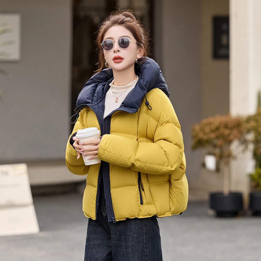 DUCURNO韩系撞色连帽羽绒服女2026冬季新款洋气减龄加厚保暖外套