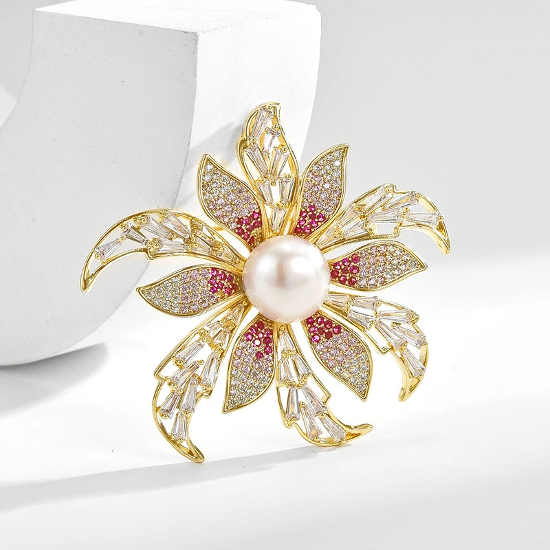 铜合金锆石胸针 30972法式波西米亚风镂空花卉胸针
