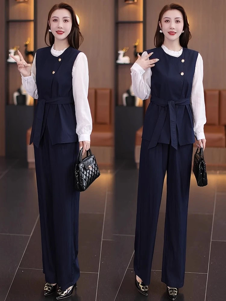 时尚套装女春季时髦洋气马甲法式打底衫阔腿裤气质职业西服三件套
