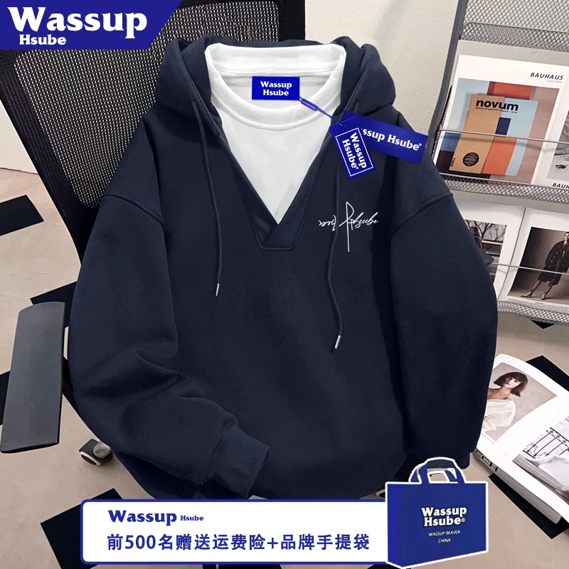 WASSUP HSUBE秋冬季男女连帽加绒套头上衣字母印花假两件藏青卫衣