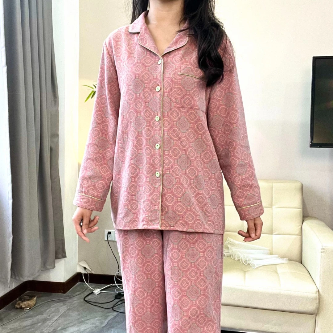 100%棉双层纱梭织大提花睡衣女套装春秋长袖时尚家居服翻领宽松