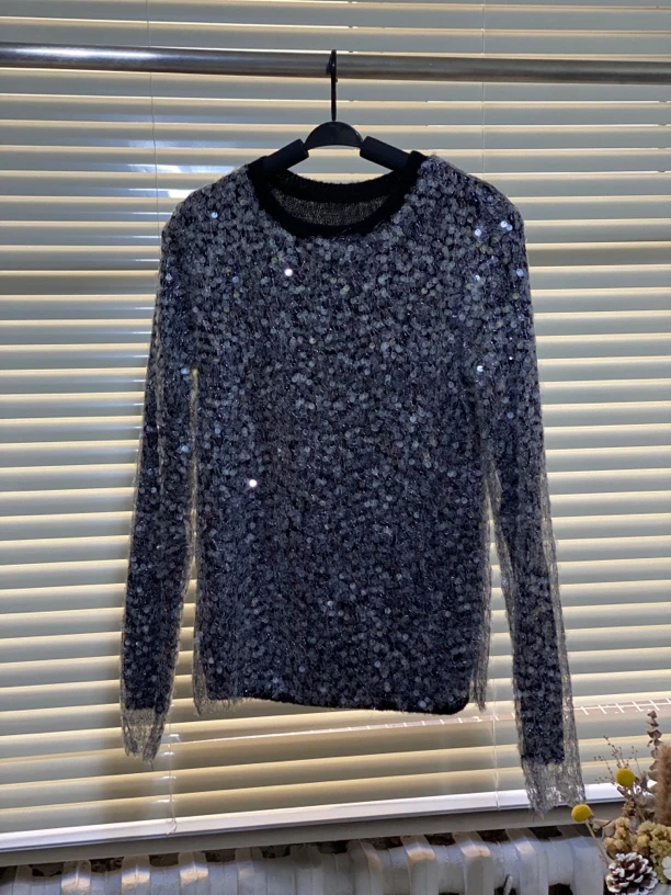 亮片提花长袖标准圆领T恤休闲高领套头衫百搭时尚网红