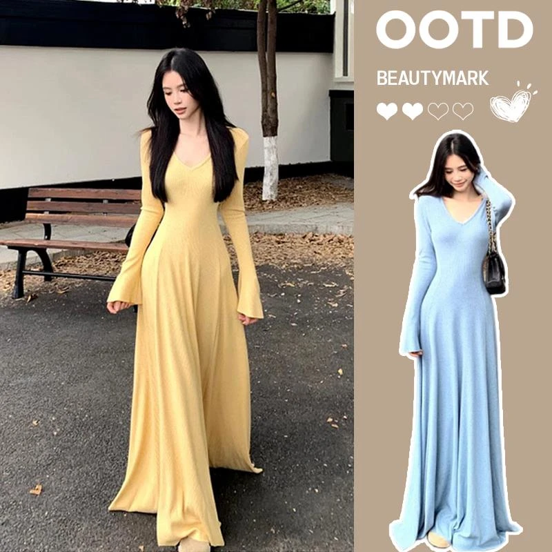 温柔风黄色针织连衣裙女秋冬收腰修身内搭打底裙垂感风情万种长裙