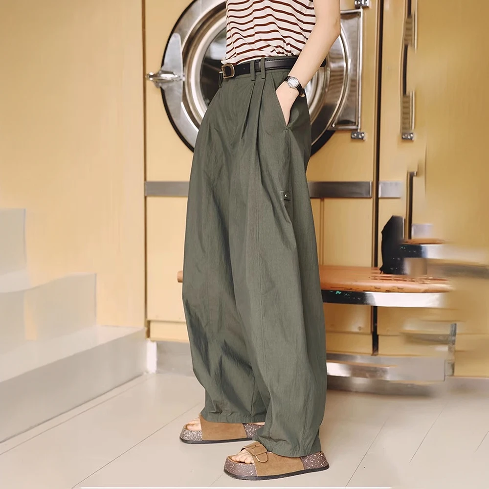 深绿色微弧宽松山系工装裤女夏季薄款高腰宽松显瘦百搭休闲阔腿裤