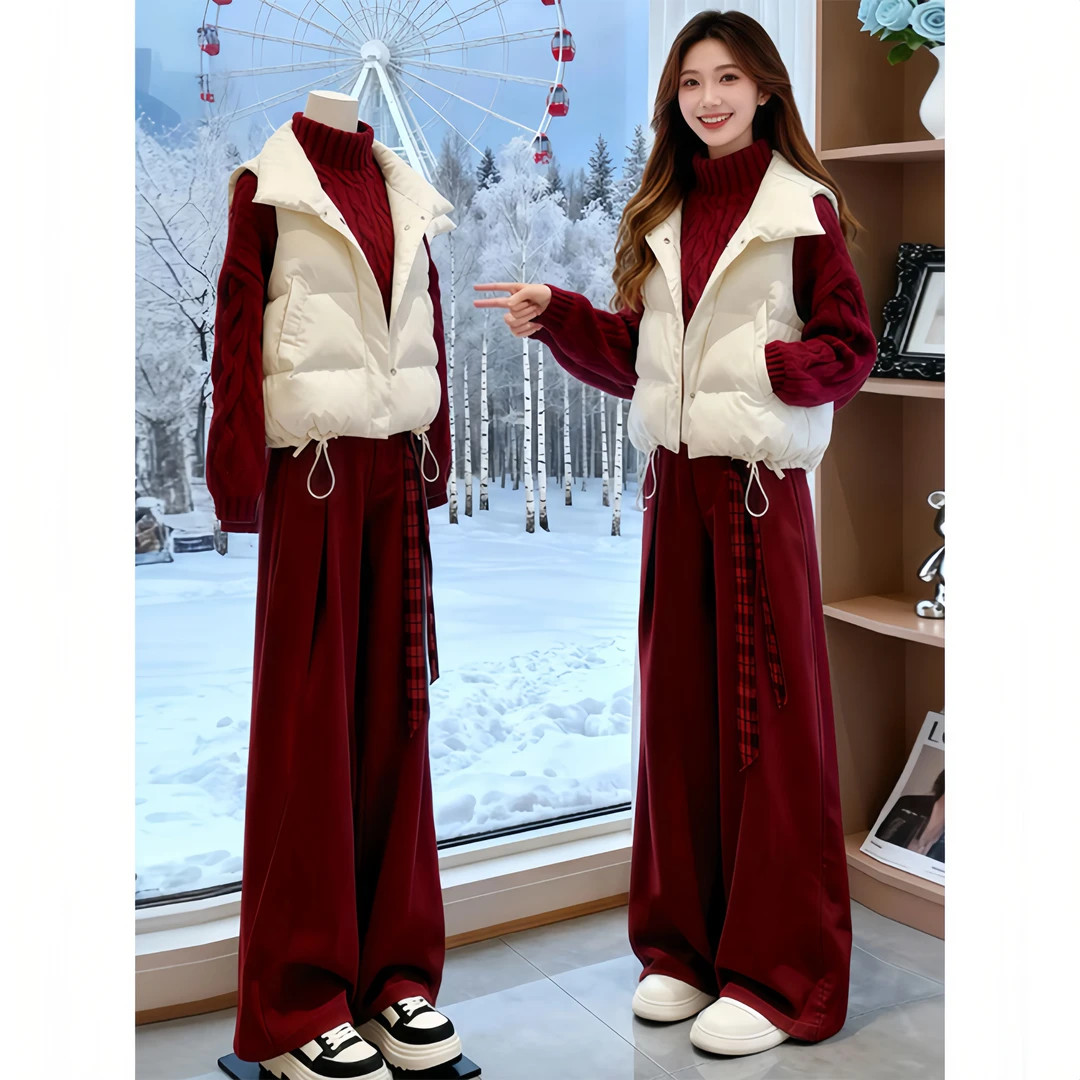 【冬日艳阳】2025冬季新款通勤风棉服马夹针织上衣阔腿裤时尚三件套