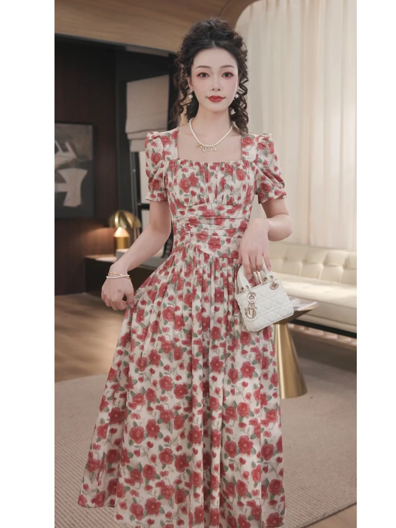 WWR 米粒-山茶花海春夏新款显瘦收腰气质甜美连衣裙-B4350G