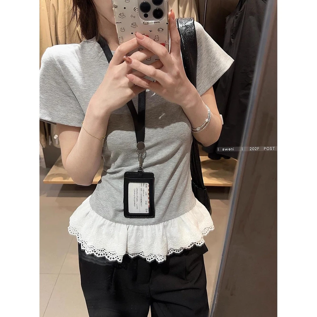 甜美蕾丝拼接正肩短袖T恤女夏季韩系白色百搭修身显瘦打底上衣女