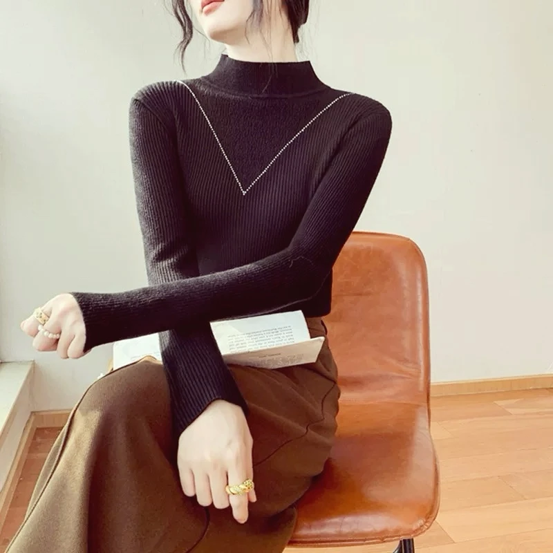 【高定v领烫钻毛衣棕咖色】秋季新款重工高弹力针织衫