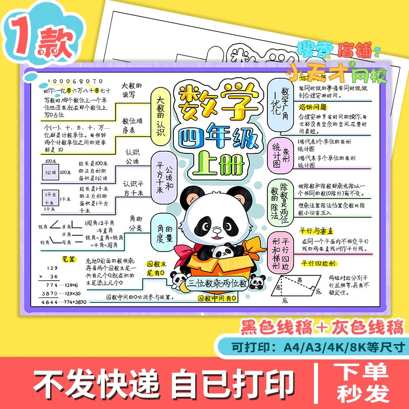 数学知识点总结手抄报电子版四年级上册思维导图总复习读书卡e307