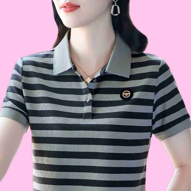 夏季新款条纹短袖恤女洋气中年妈妈夏装大码翻领上衣衫
