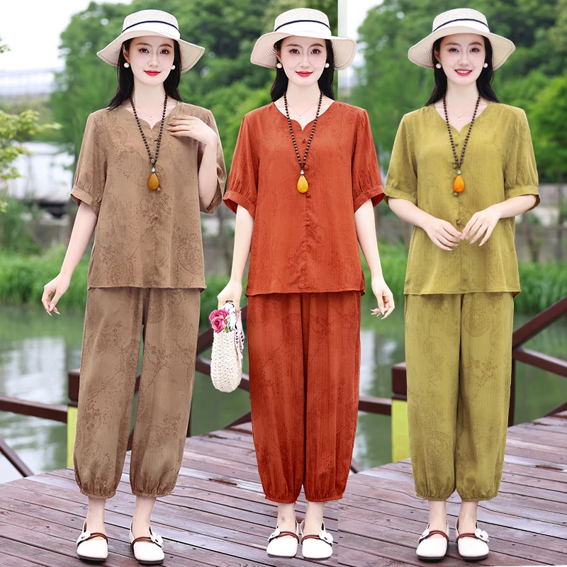 新款中老年宽松妈妈装时尚显瘦夏装大码女装休闲短袖裤子两件套装