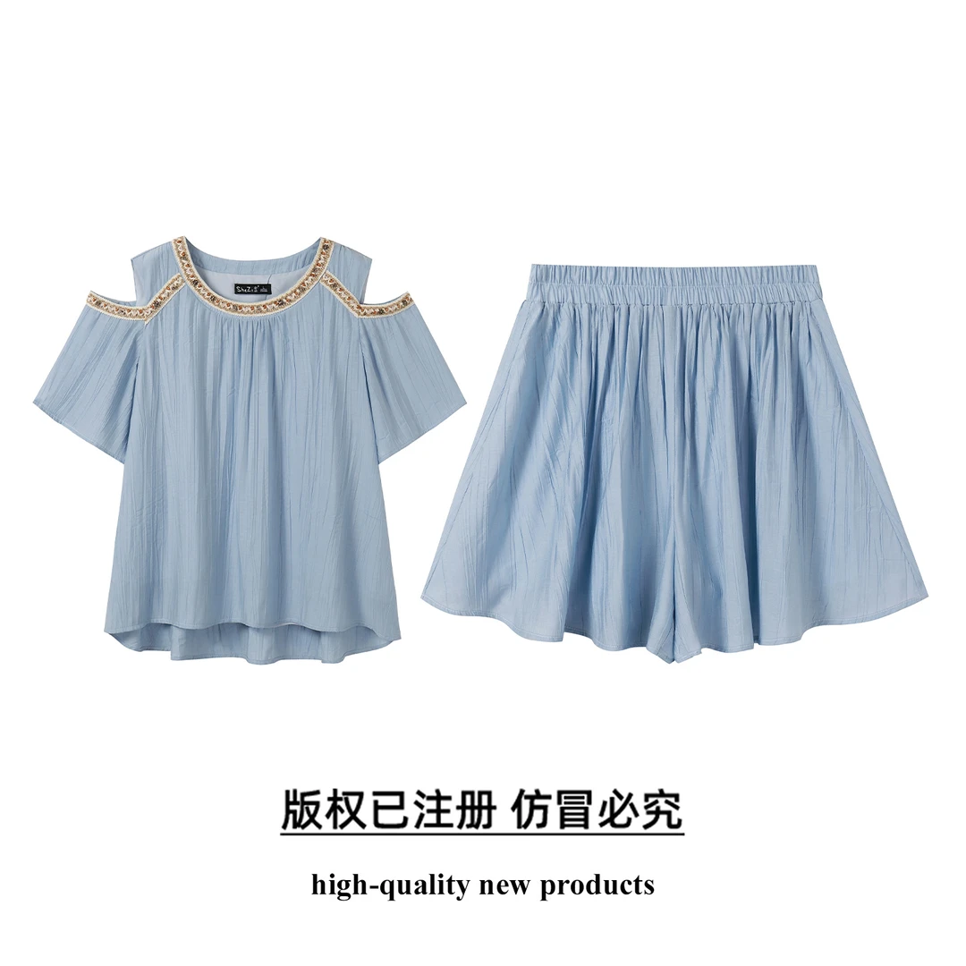 【奢姿】大码女装2025夏季减龄露肩休闲两件套胖妹妹织带时尚套装