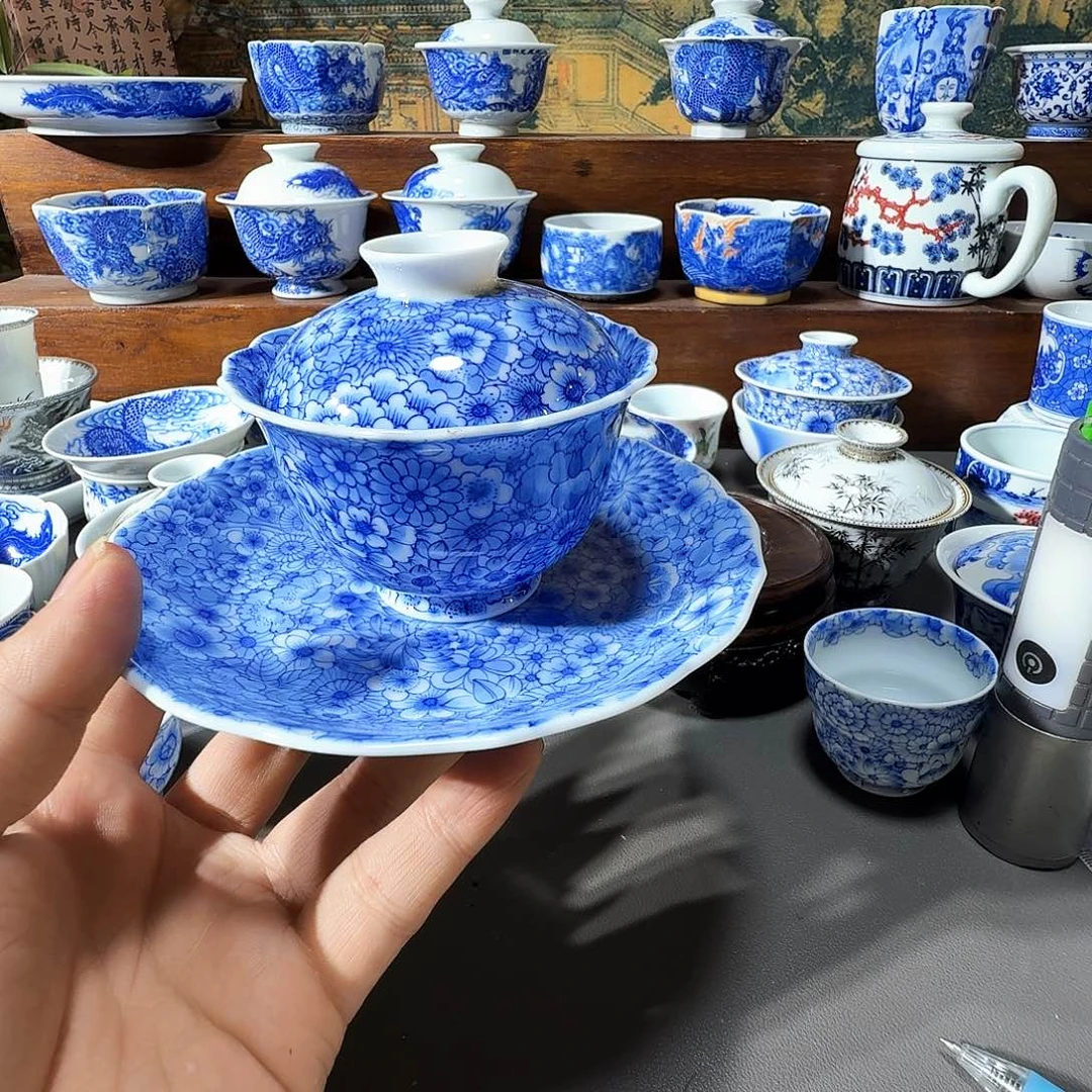 帝***心泥塑盖碗手工手绘加壶承