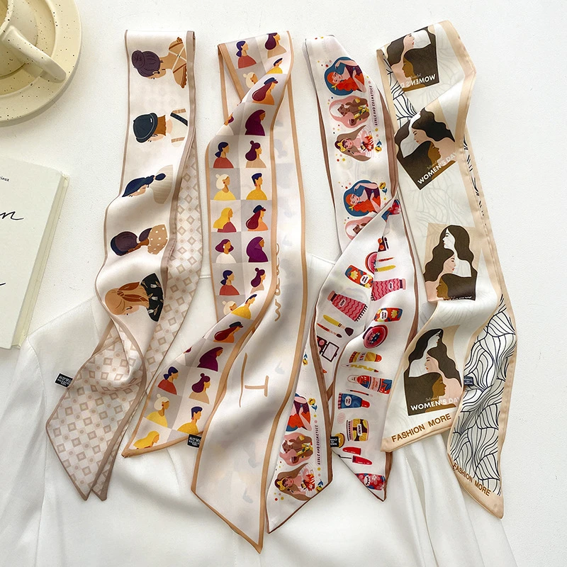 初夏卡通抽像长条小丝巾发带绑包包多功能双面韩国ins装饰领巾飘