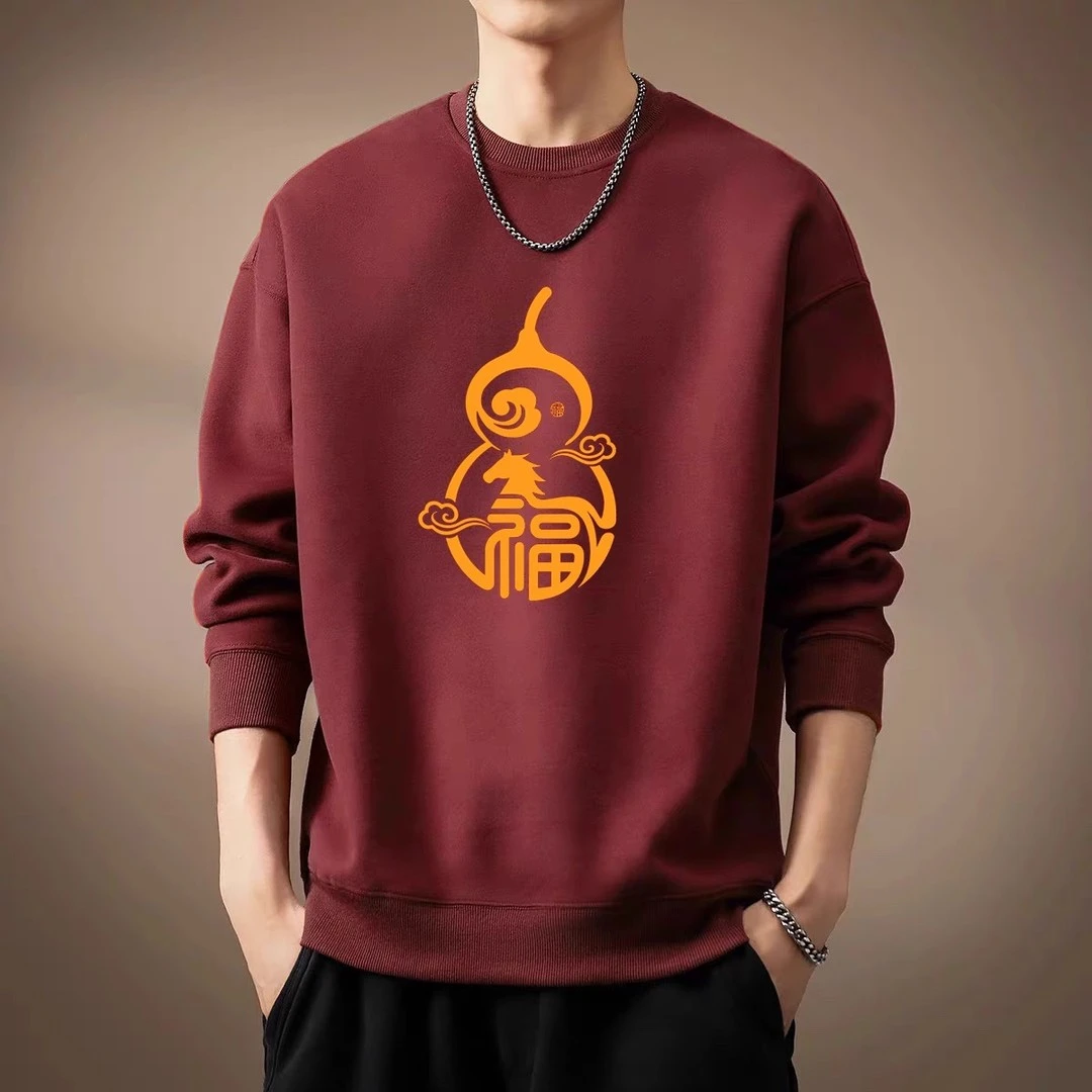 仓石一树潮牌马年圆领卫衣男2026酒红色本命年休闲百搭情侣装上衣