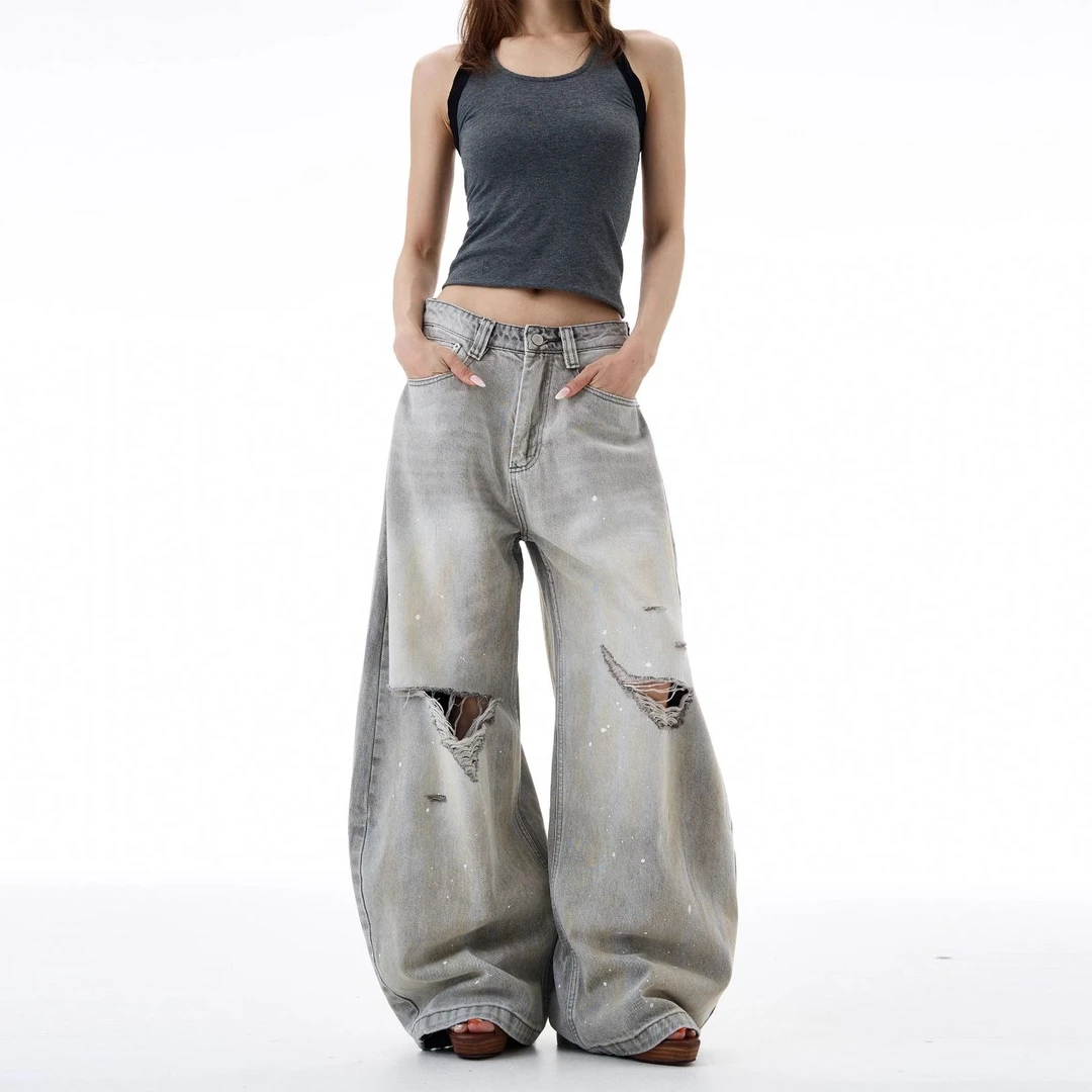 美式复古做旧泼墨破洞弯刀牛仔裤女痞帅高级感裤子情侣潮