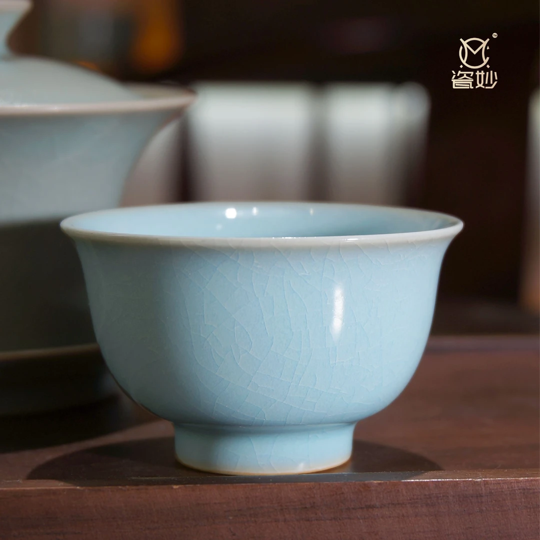 瓷妙汝官窑天青釉压手杯小号约50cc汝瓷原产地原矿釉