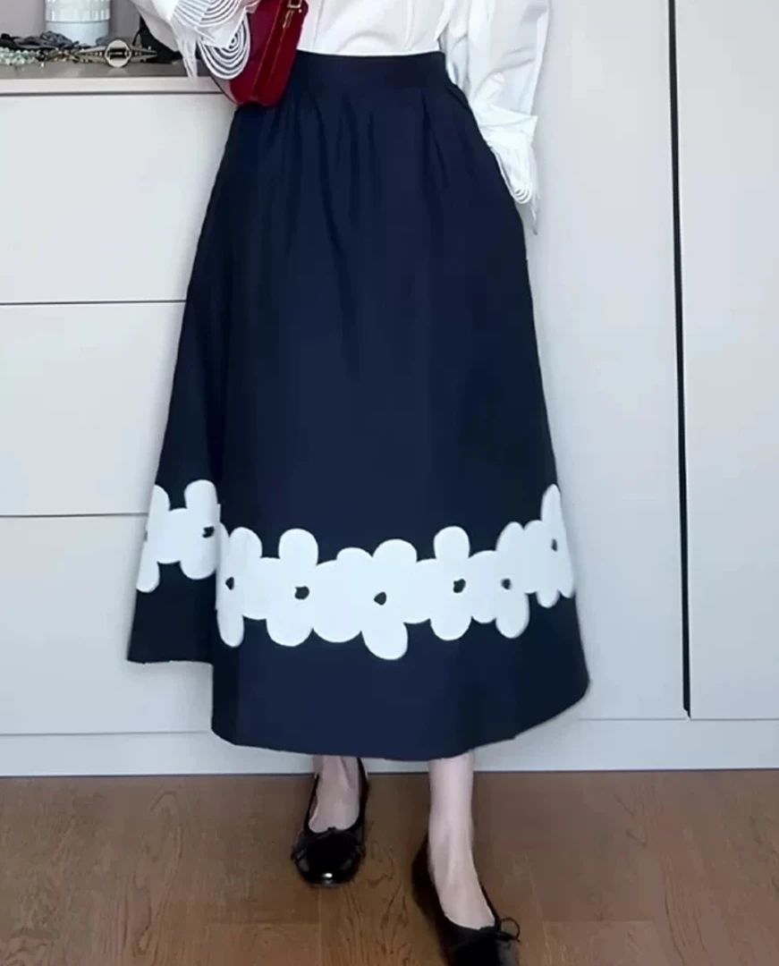 【ICS韵裕】春季藏蓝色花朵半身裙时尚宽松