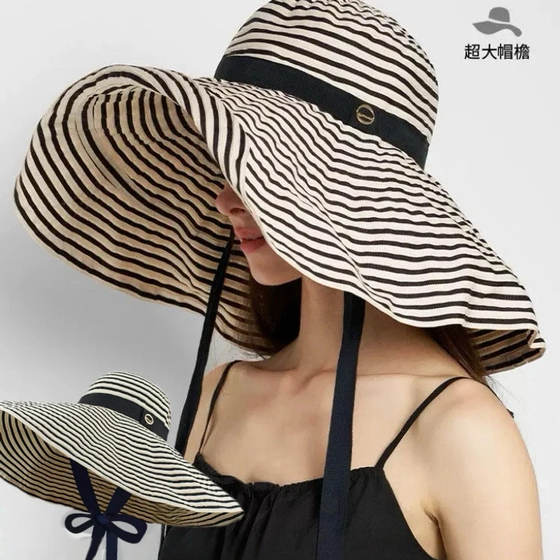 【超大帽檐伞式防晒帽】夏天时尚新款帽子防紫外线飘带度假可折叠