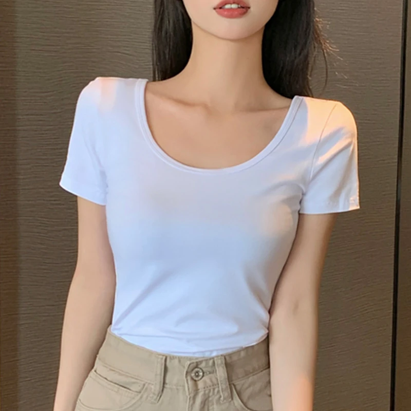 夏季白色t恤女短袖2025新款低领紧身u领打底衫修身露背短款上衣