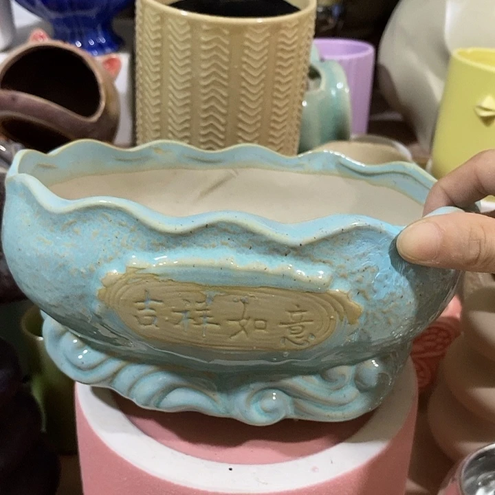 摆件陶盆有孔 窑裂修补 介意勿拍
