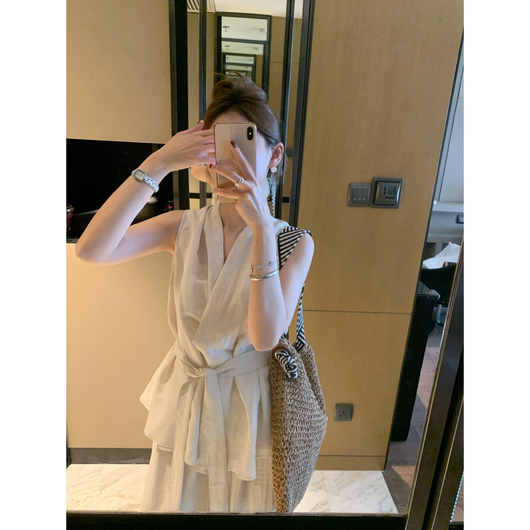 新款两件套法式轻熟气质V领绑带收腰无袖背心女松紧宽松裤子套装