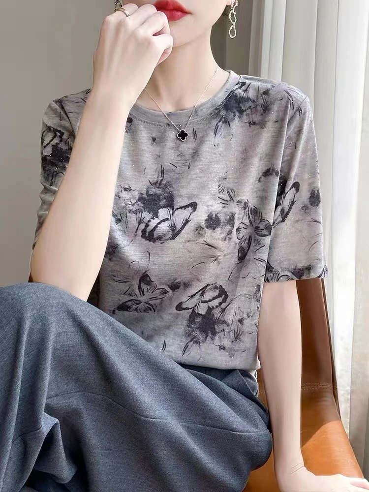 女款重工水墨画印花短袖259-523