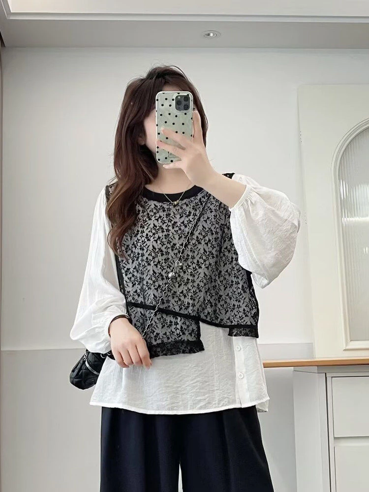 复古长袖圆领蕾丝拼接假两件长袖衬衫女2025早秋新款别致遮肚上衣